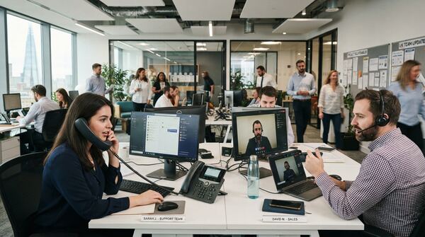 UK small business team using hosted phone system desk phones and mobile softphone apps in a modern office
